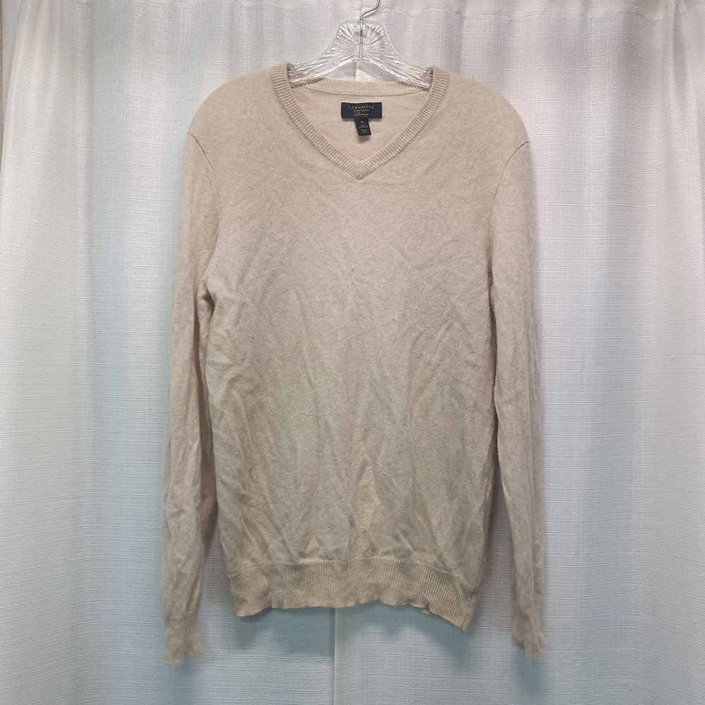 Club Room Luxury Men M 100% Cashmere V-Neck Sweater Beige Oatmeal Heather Casual